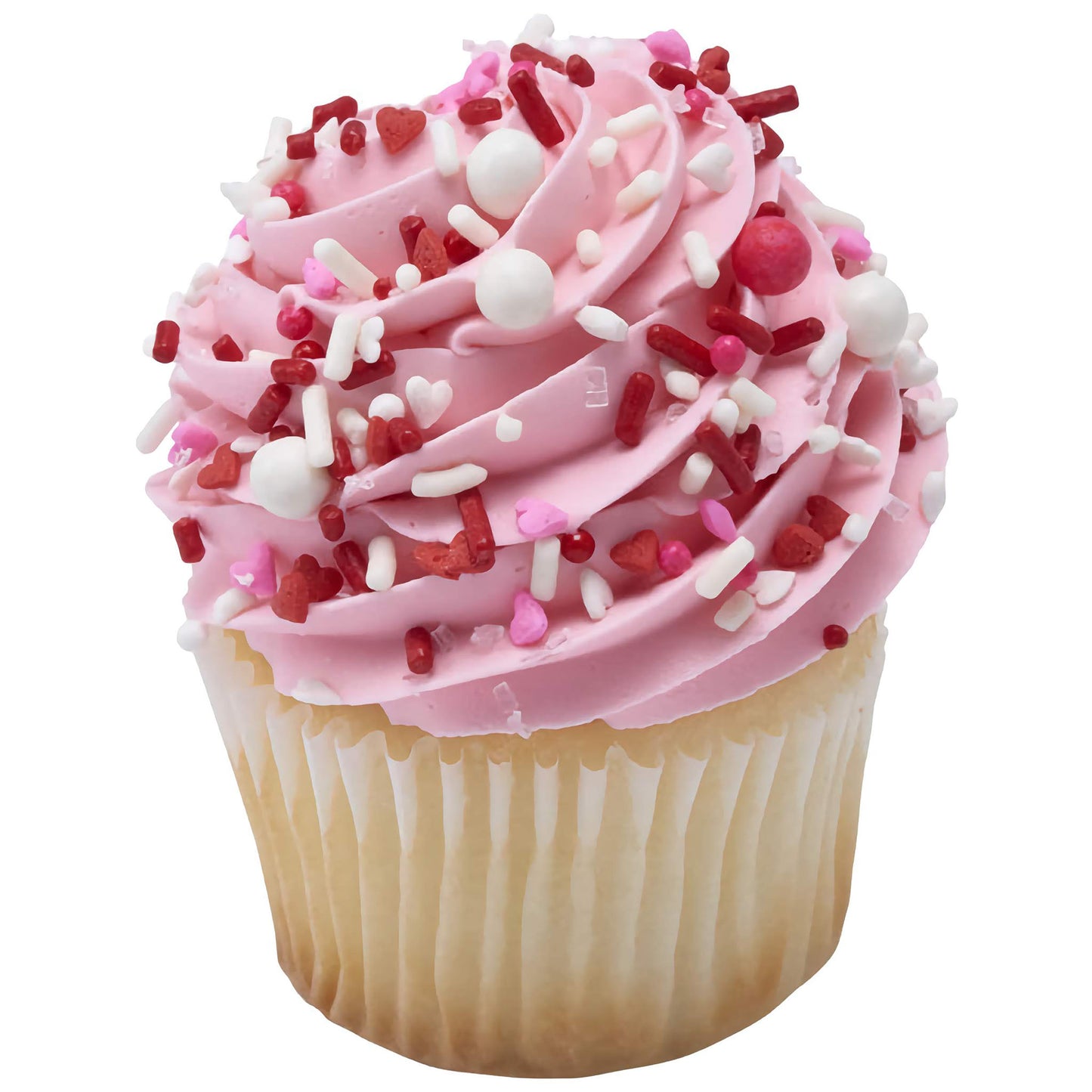 Single vanilla cupcake topped with pink frosting and Love Struck Deluxe Sprinkle Blend, adorned with heart-shaped and round sprinkles for a festive touch.