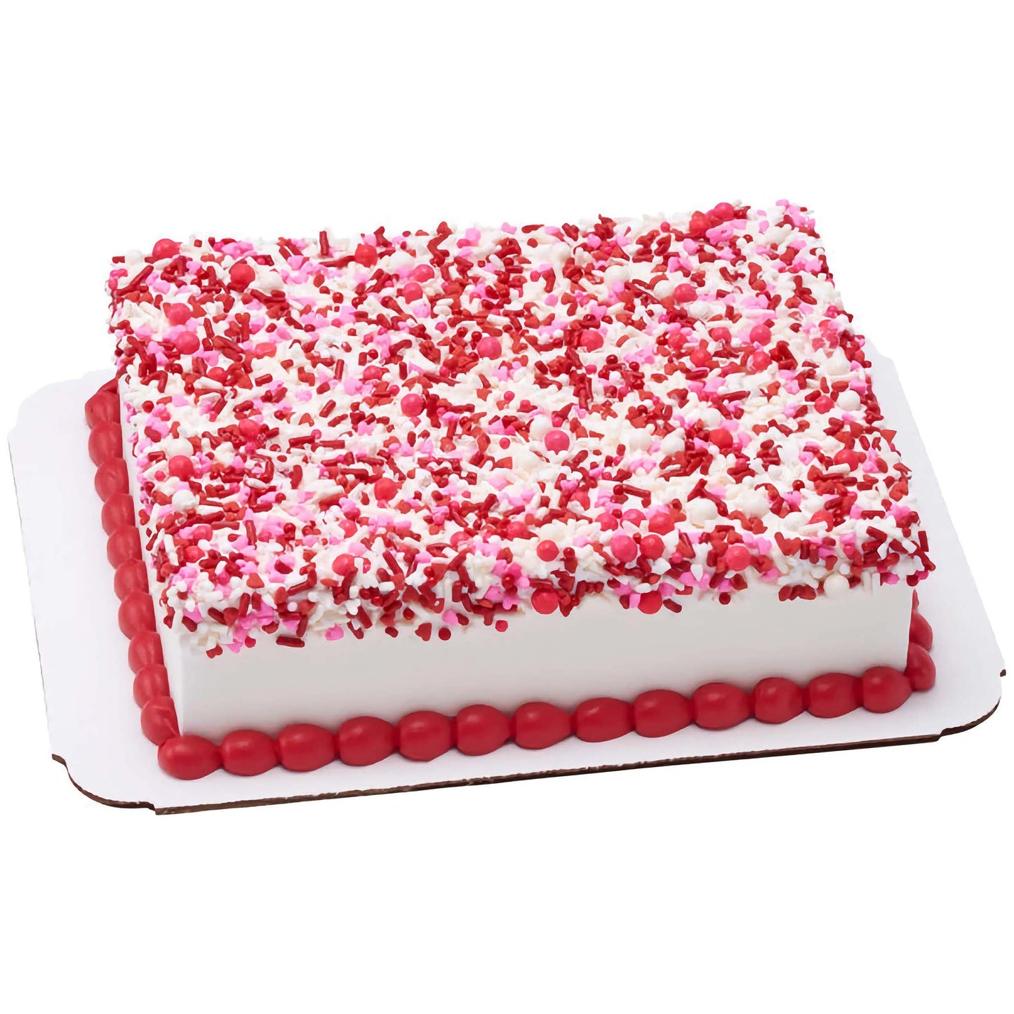 Rectangular white cake decorated with Love Struck Deluxe Sprinkle Blend consisting of pink and red hearts, lips, and round white sprinkles, perfect for Valentine's Day celebrations.