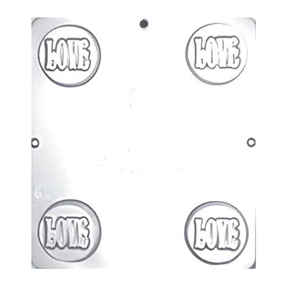 Chocolate mold with four round cavities, each featuring the word 'LOVE' in bold letters, designed for creating sweet treats that convey a message of love and affection.