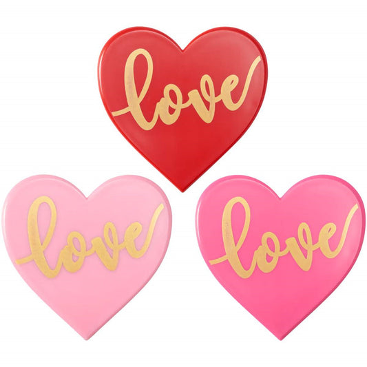 Three heart-shaped layon cake toppers with the word "love" scripted in gold. The set includes one in classic red and two in shades of pink, perfect for a variety of love-themed occasions.