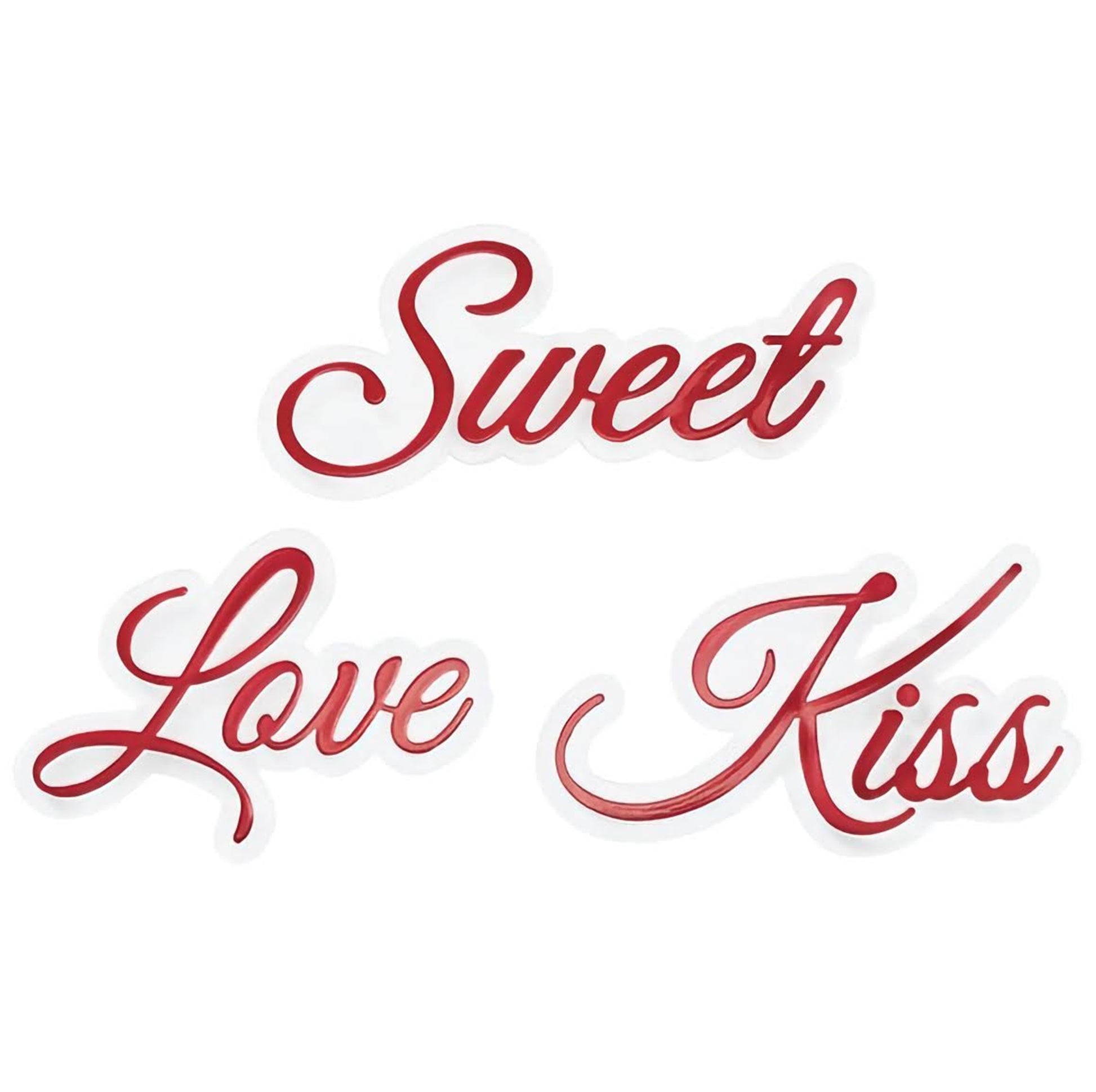 Cake topper layon with the words Sweet Love and Kiss in red script