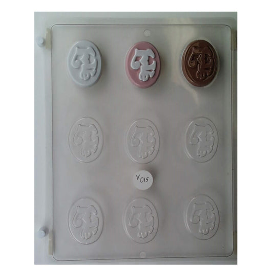 Chocolate mold with six oval cavities, each featuring a raised 'Love' script design, with two examples of finished chocolates in contrasting colors to showcase the final product.