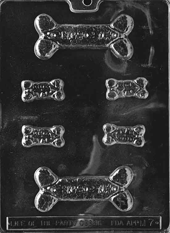 Chocolate mold M007 People Bones featuring both large and small bone shapes with engraved writing for spooky chocolate treats.