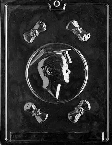 Chocolate mold M016 Male Graduate with full graduate figure in cap and gown holding diploma, designed for themed chocolate treats.