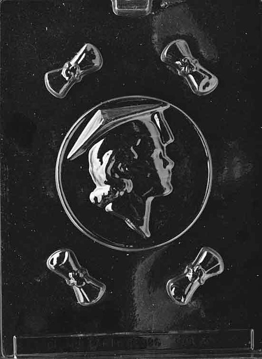 Chocolate mold M017 Female Graduate with figure in cap and gown, holding diploma, designed for chocolate graduation treats.