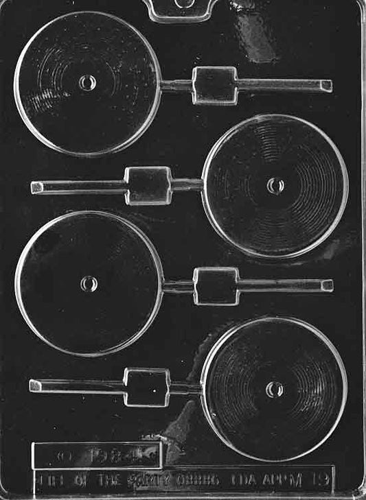 Chocolate mold M019 Record Lollipop with round pop design resembling vinyl record grooves for retro chocolate treats.