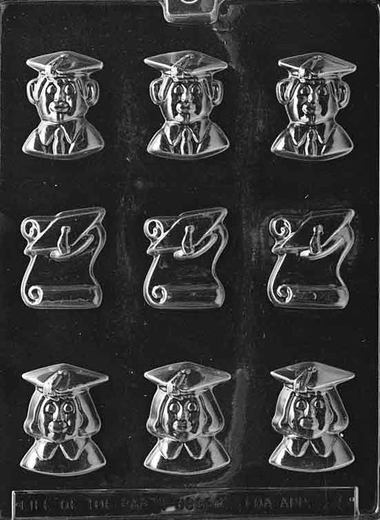 Chocolate mold M025 Bite Size Graduate featuring miniature graduate figure in cap and gown for chocolate treats.