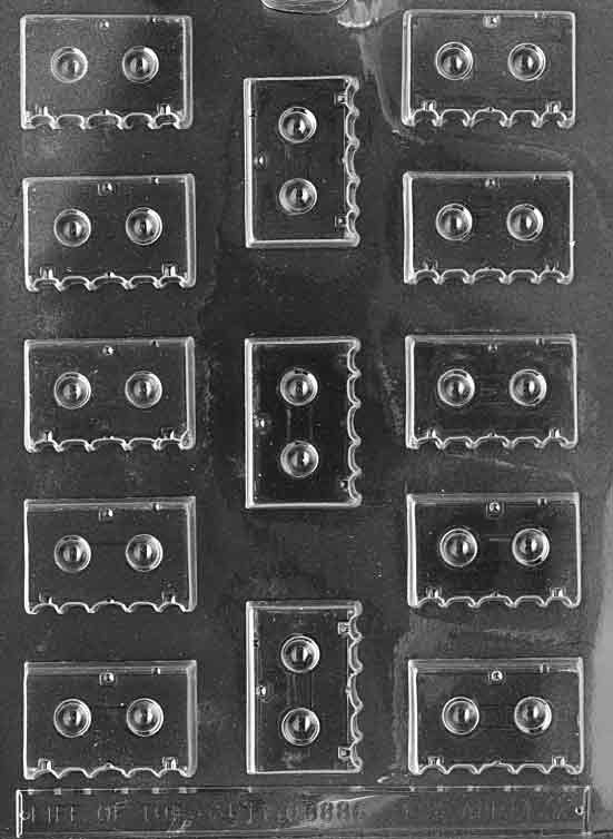 Chocolate mold M032 Cassettes with small rectangular tape shapes featuring raised cassette details for retro chocolates.