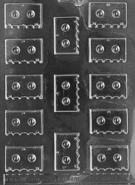 Chocolate mold M032 Cassettes with small rectangular tape shapes featuring raised cassette details for retro chocolates.
