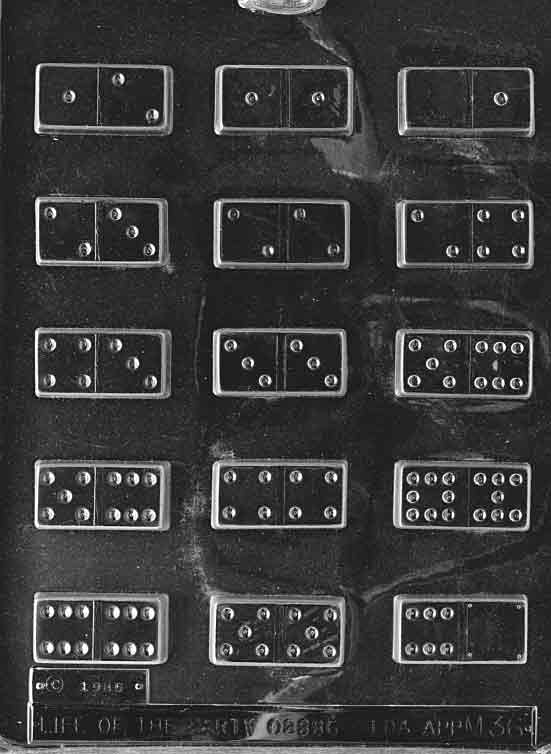 Chocolate mold M036 Dominoes with small rectangular tile cavities, raised center line and pip dots, sized for mini candy game pieces.