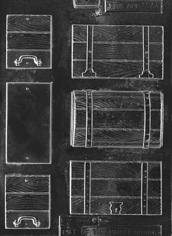 Chocolate mold M044 Treasure Chest with rectangular box shape, hinged lid detail, and panel texture for chocolate designs.