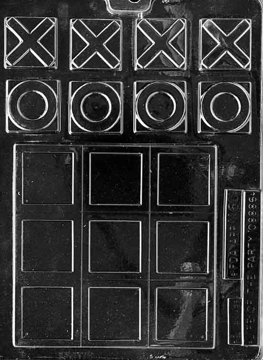 Chocolate mold M060 Tic Tac Toe with square board design and X/O pieces for chocolate game treats.