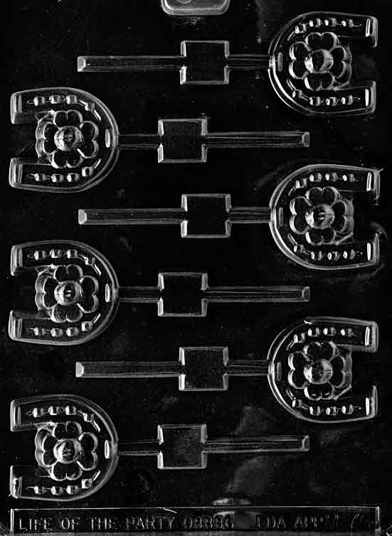 Chocolate mold M075 Horseshoe Lollipop with small U-shaped pop cavities for novelty chocolate pops.