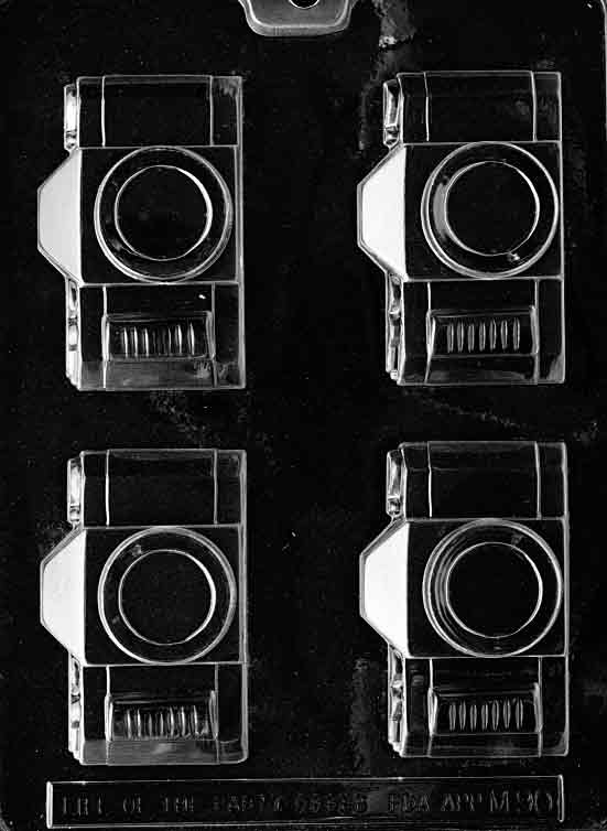 Chocolate mold M090 Camera Flat Back with rectangular camera body and raised lens detail for chocolates.