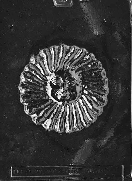 Chocolate mold M136 Sunface showing round sun with embossed facial features and radiating rays, circular 4 3/4 inch design for themed chocolates.