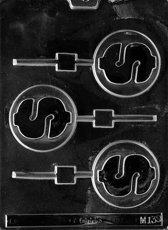 Chocolate mold M139 Dollar Sign Lollipop with embossed dollar symbol on round pop shape.