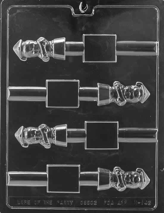 Chocolate mold M142 Boy Graduation Pretzel with boy graduate figure sized for chocolate pretzel toppings.