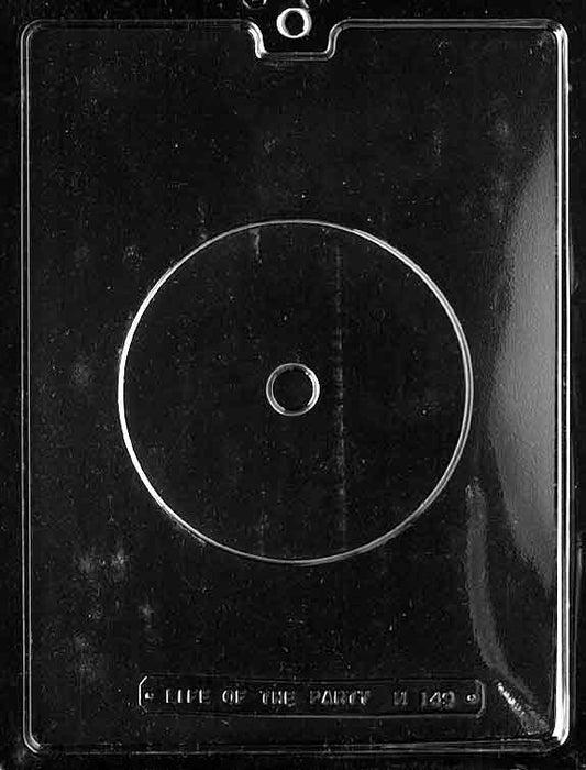 Chocolate mold M149 CD with round disc shape sized to fit jewel case for novelty chocolate projects.