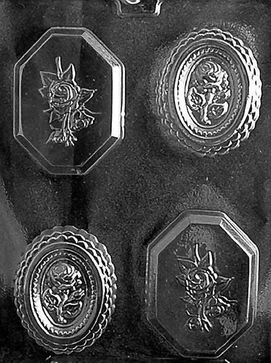 Chocolate mold M191 Oval Rose Bar with oval and octagon bar designs embossed with roses.
