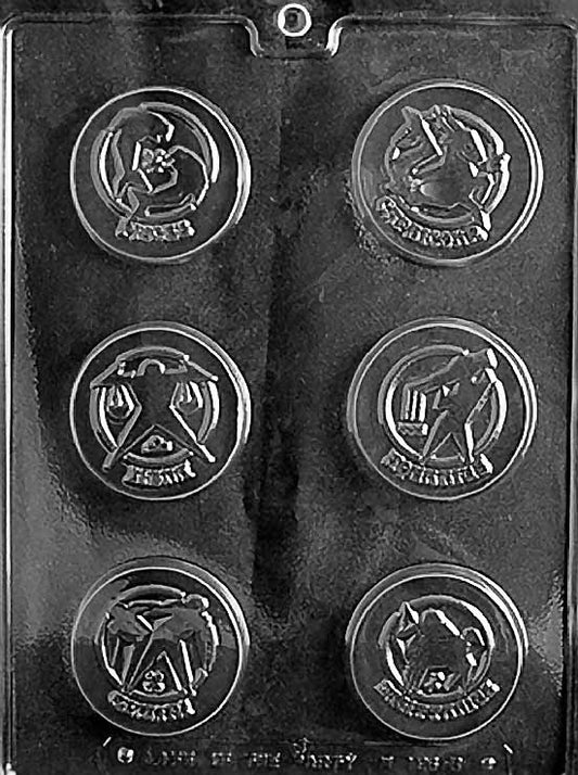 Chocolate mold M196B Zodiac Box Set with round cavities embossed with zodiac detail.