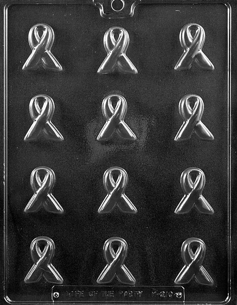 Chocolate mold M210 Awareness Ribbon with looped ribbon-shaped cavity for chocolates.