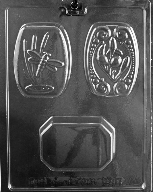 Chocolate mold M245 Olive and Dragonfly Bar with assorted bar cavities featuring olive and dragonfly detail.
