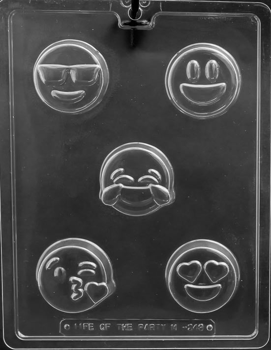 Chocolate mold M249 Emotion Symbols Cookie with round cookie cavities embossed with emoji faces.