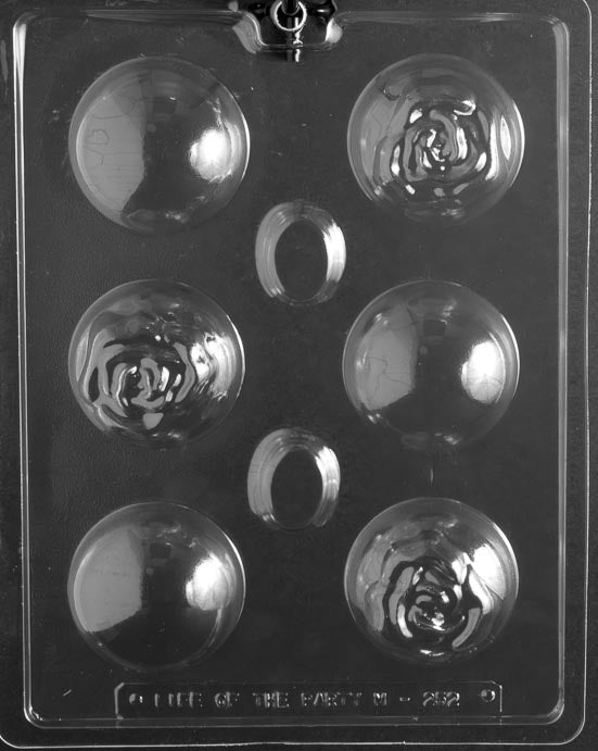 Chocolate mold M252 Rose Bomb with round bomb cavities embossed with rose patterns.