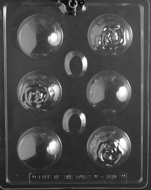 Chocolate mold M252 Rose Bomb with round bomb cavities embossed with rose patterns.