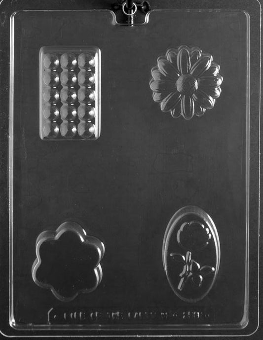 Chocolate mold M253 Rose and Massage Bar Assortment with cavities for floral and bar designs.