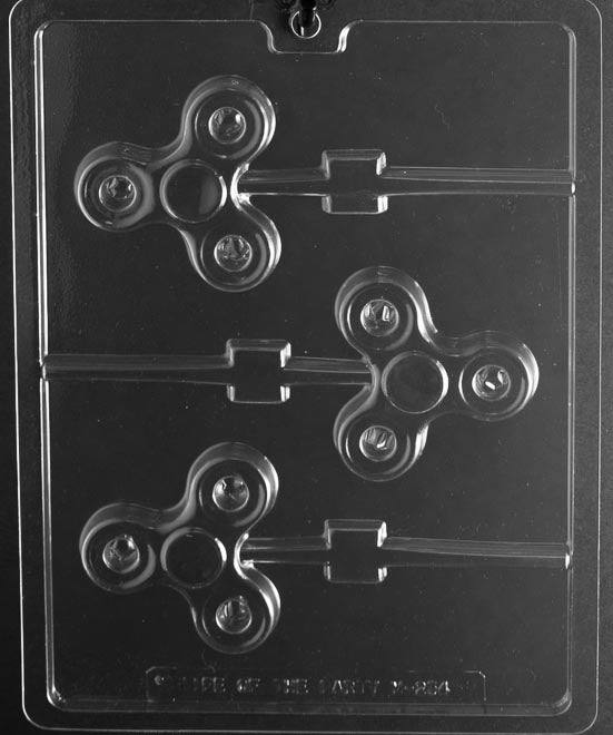 Chocolate mold M254 Fidget Spinner Lollipop with pop cavities shaped like fidget spinners.
