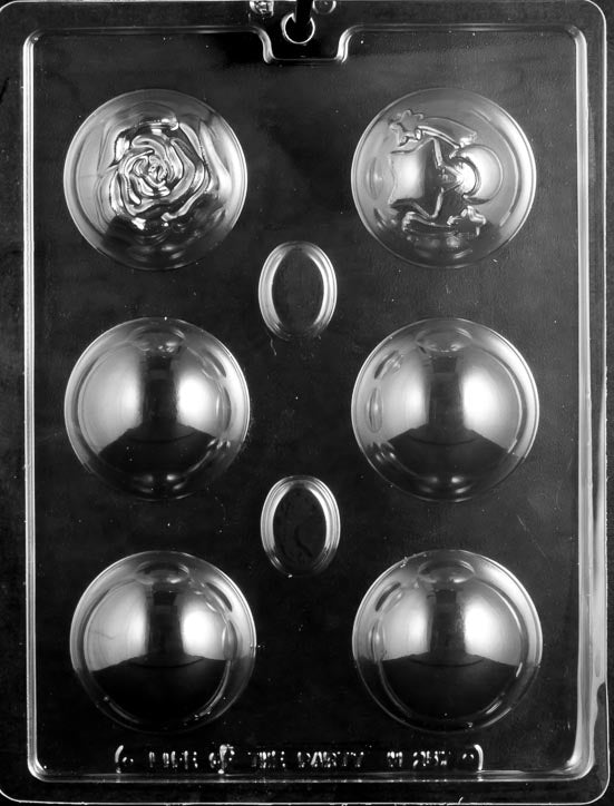 Chocolate mold M257 Bath or Hot Chocolate Bomb Assortment with round bomb-shaped cavities.