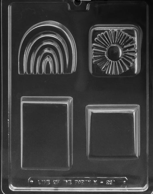 Chocolate mold M261 Sun Rainbow and Bars with rainbow, sun, square, and bar-shaped cavities.