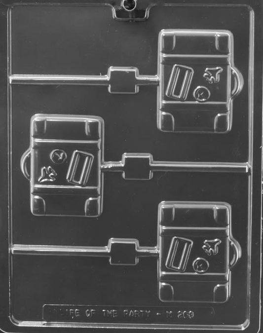 Chocolate mold M263 Suitcase Lollipop with suitcase-shaped pop cavities including handle detail.