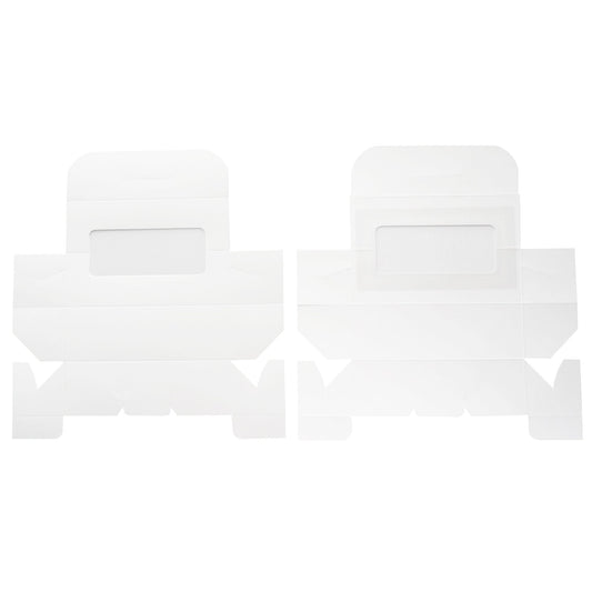 Flat view of white macaron box with window before assembly, showing foldable one-piece design for easy setup.