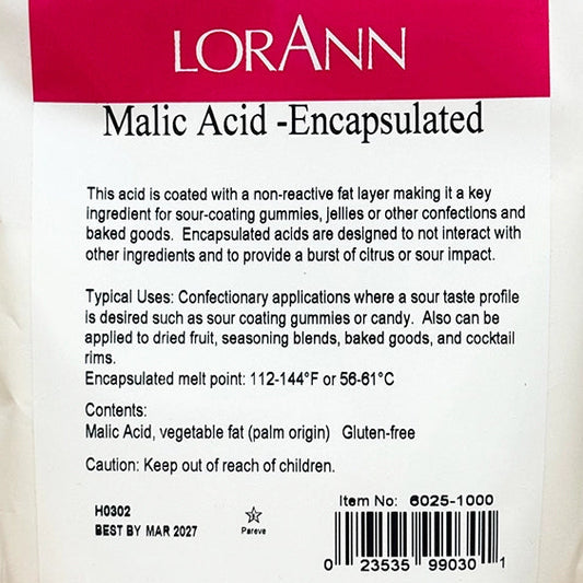 Front of a white resealable LorAnn pouch labeled “Malic Acid - Encapsulated,” with a magenta header panel and black product information text.