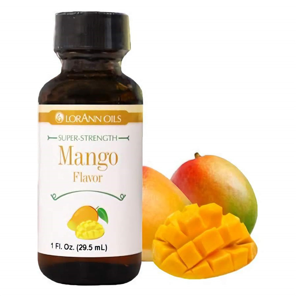 LorAnn Oils Super Strength Mango Flavor in a 1 fl oz bottle, presented with ripe mango slices, capturing the juicy and tropical essence of mango.