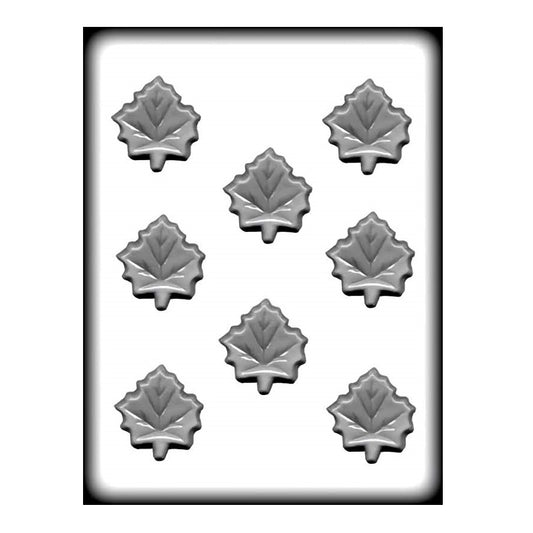 An image of a plastic candy mold designed for making maple leaf-shaped hard candies. The mold features eight cavities, each shaped like a detailed maple leaf, arranged in two columns of four. The mold is made of a durable,  FDA-approved material suitable for oven use and candy making.