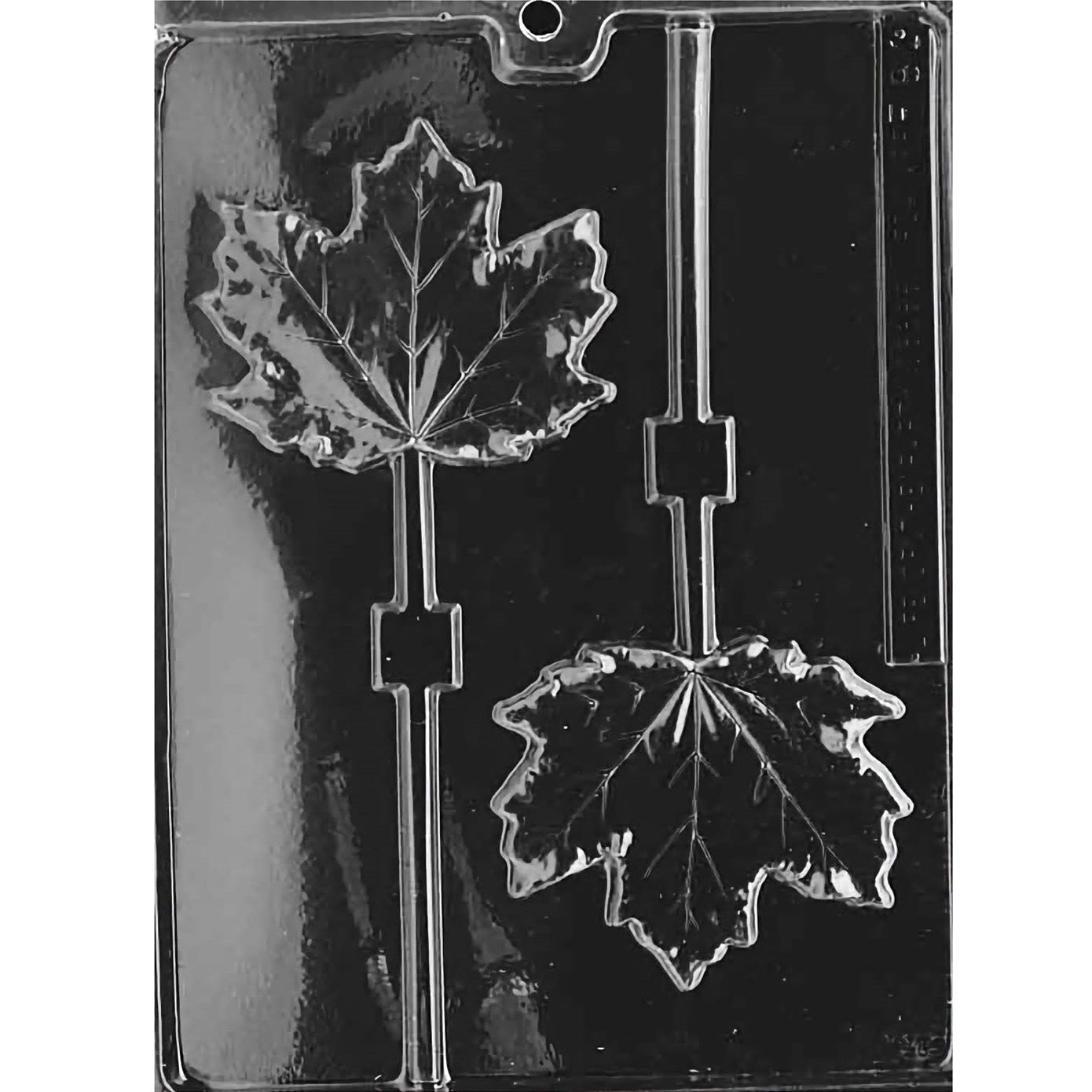 The image displays a clear plastic chocolate mold designed for creating maple leaf-shaped suckers. The mold features two large cavities, each intricately detailed to replicate the iconic, lobed leaves of a maple tree, complete with textured veins for added realism. Each leaf cavity is equipped with a slot for inserting a sucker stick.