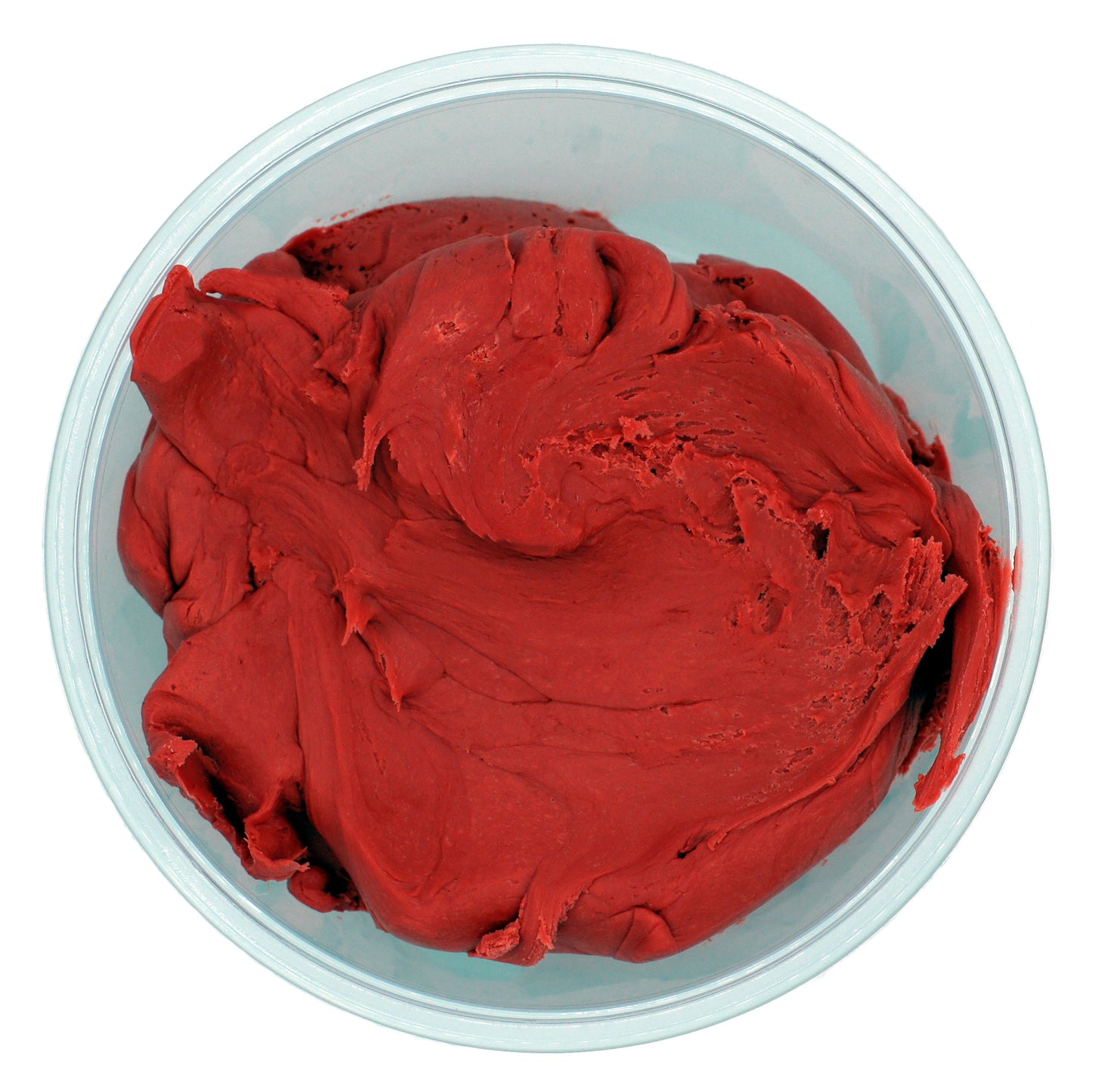 Top view of a tub of maraschino cherry candy center with a rich red-pink color and smooth texture.