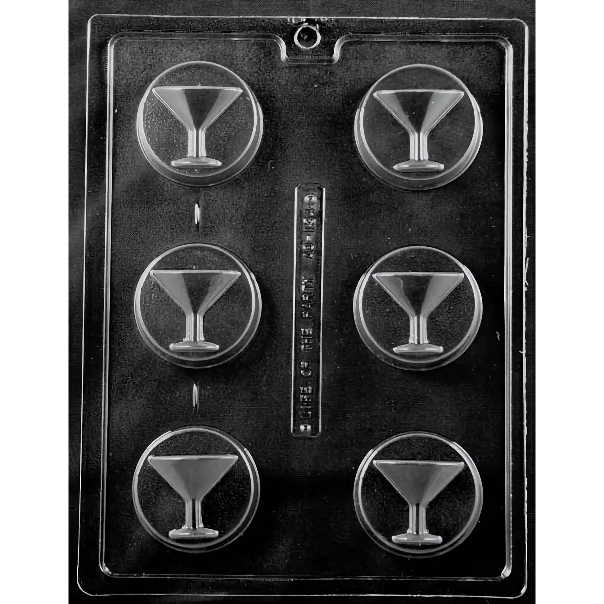 Clear plastic chocolate mold designed for creating martini glass-shaped cookies or chocolates, featuring six compartments, each shaped like a classic martini glass with a detailed stem and base. The mold is set against a black background, highlighting the sleek design of each glass compartment.