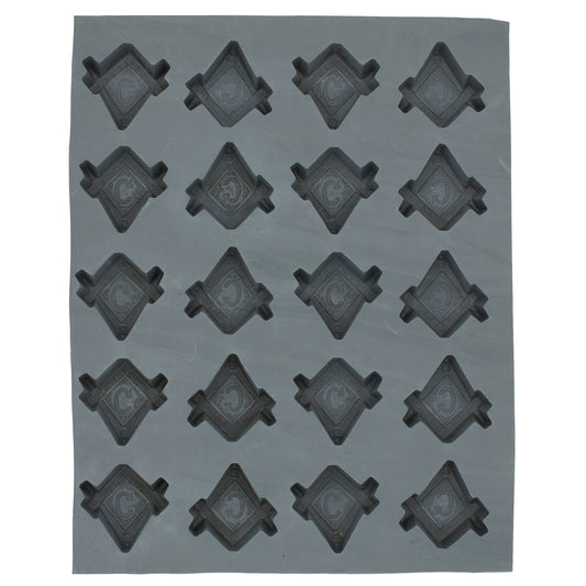 Full view of the Masonic compass and square rubber mint mold featuring 20 cavities with intricate Freemason design, ideal for mints or chocolates.