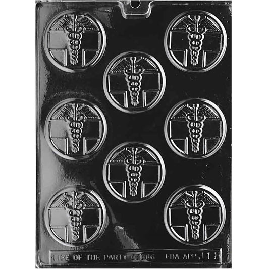 This chocolate mold includes eight round cavities, each impressively detailed with the caduceus symbol, recognized widely as a sign of the medical profession. The winged staff with two serpents wrapped around it sits prominently in the center of each circular indentation, making this mold ideal for creating themed mints or chocolates for healthcare-related celebrations, acknowledgments for medical staff, or as unique gifts for individuals in the medical field.