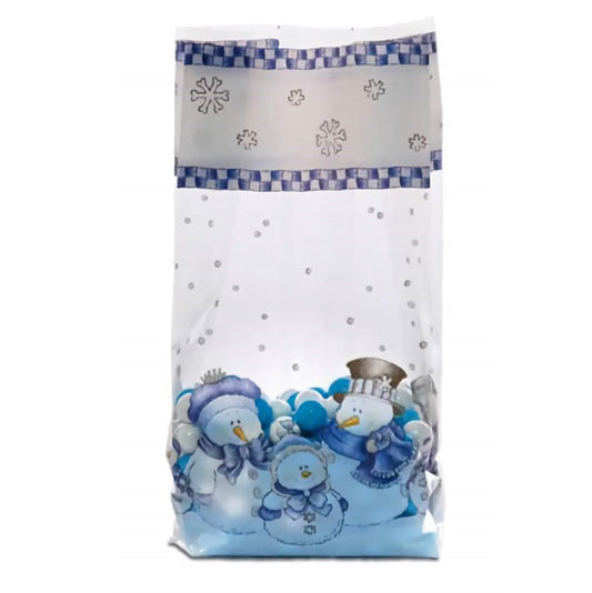 A small 'Meet the Kringles' themed cellophane treat bag, with a charming illustration of a snowman family dressed in blue and white at the bottom. Above the snowman family, the bag has a decorative band featuring white snowflakes on a grey stripe bordered by a blue gingham pattern. The upper portion of the bag is clear with white snowflake accents, perfect for showcasing the treats inside against a snowy backdrop.