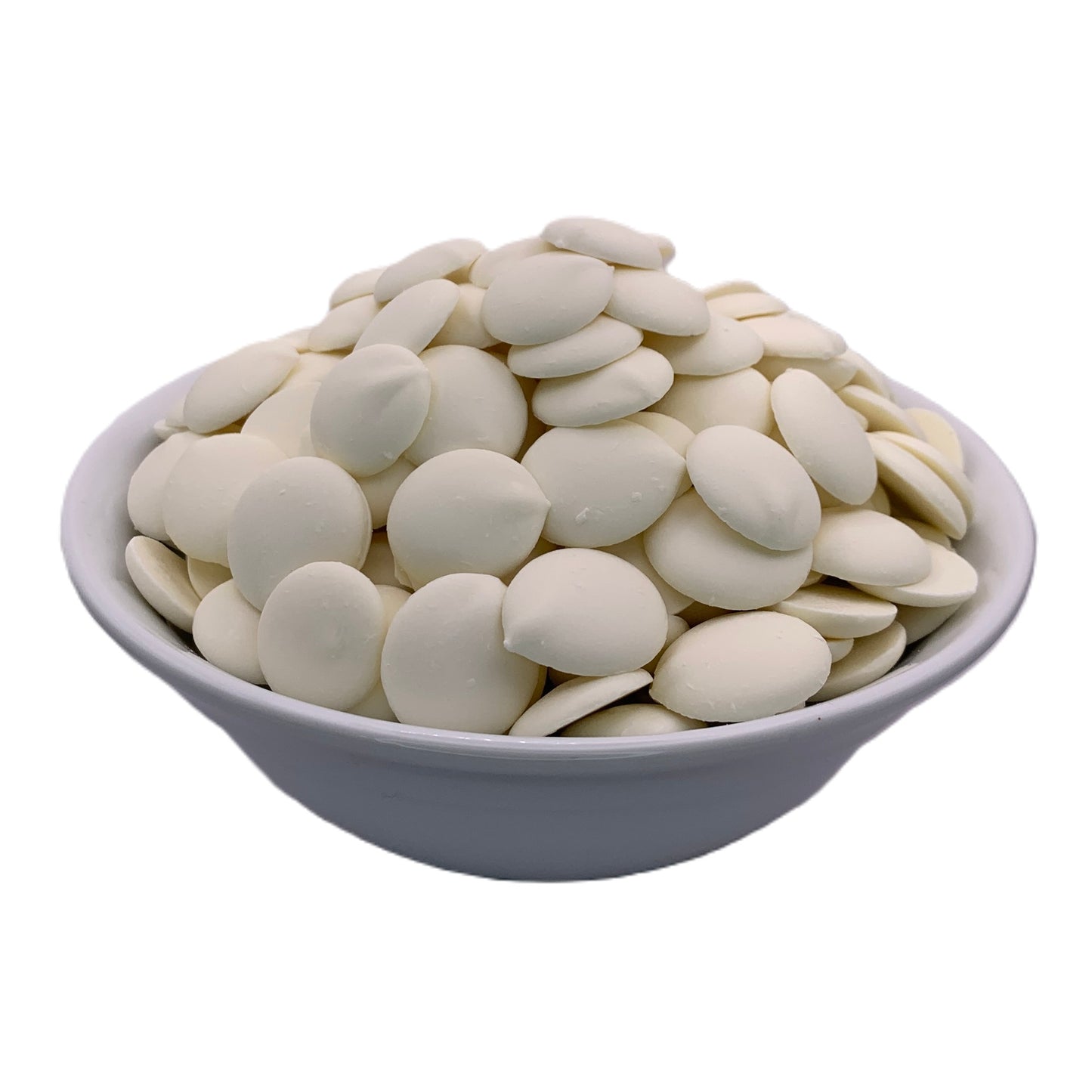 A white bowl filled with Merckens Super White chocolate melting wafers, displayed from the front, highlighting their uniquely bright white color for standout candy creations.