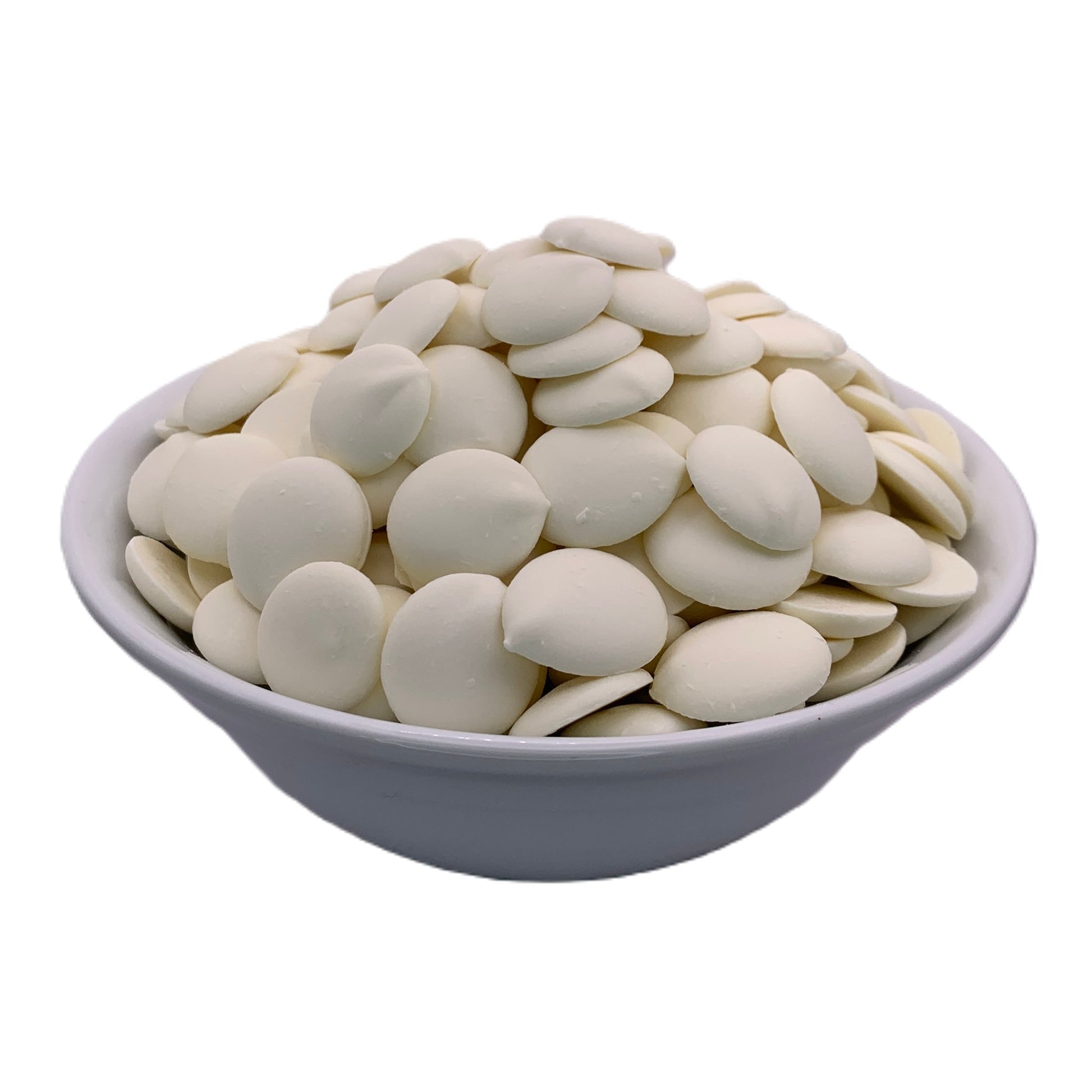 A white bowl filled with Merckens Super White chocolate melting wafers, displayed from the front, highlighting their uniquely bright white color for standout candy creations.