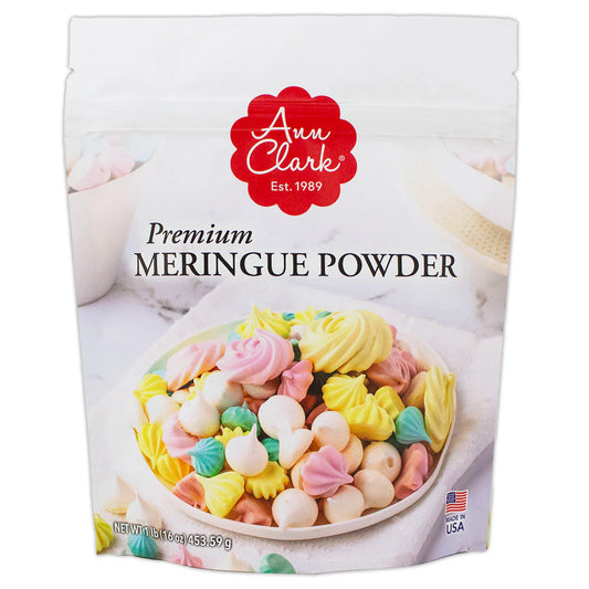 Front of Ann Clark Premium Meringue Powder pouch with colorful meringue cookies in a bowl.
