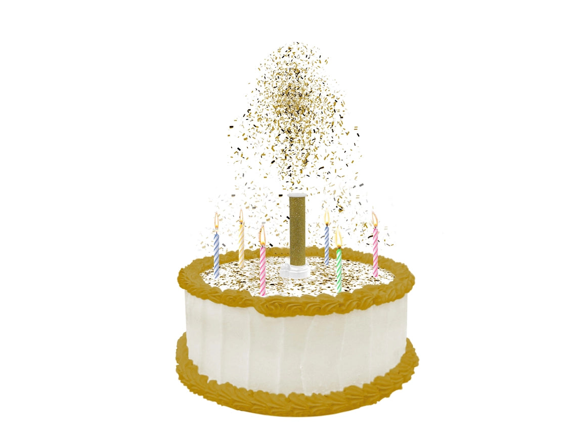 A birthday cake with candles and a Party Popper Cake Topper launching colorful edible confetti.