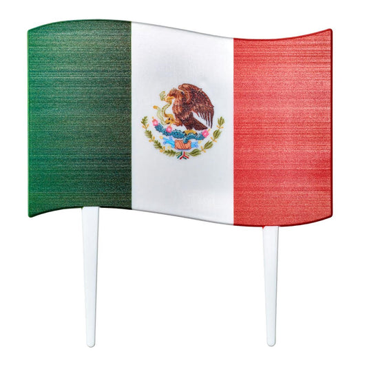 Mexican flag cake topper, featuring the flag's green, white, and red vertical stripes and the national coat of arms centered on the white, great for Cinco de Mayo or Mexican heritage celebrations.