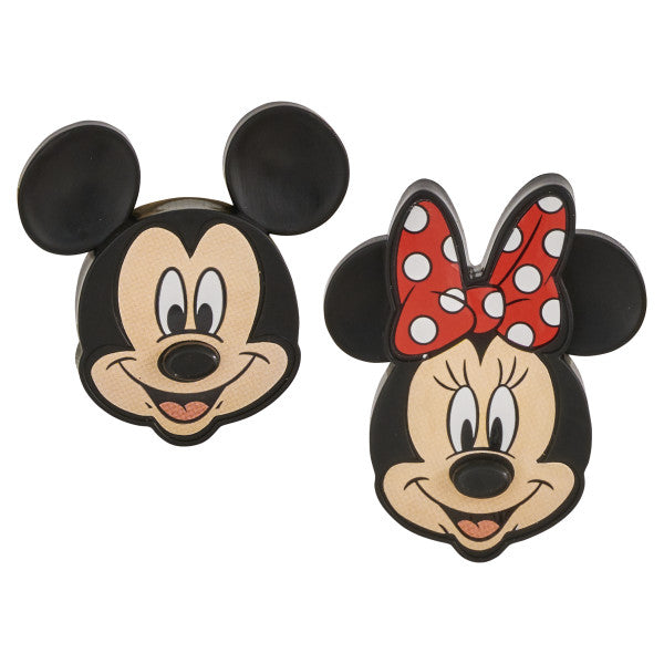 Mickey Mouse and Minnie Mouse cupcake rings featuring their smiling faces, with Minnie wearing a red polka dot bow.